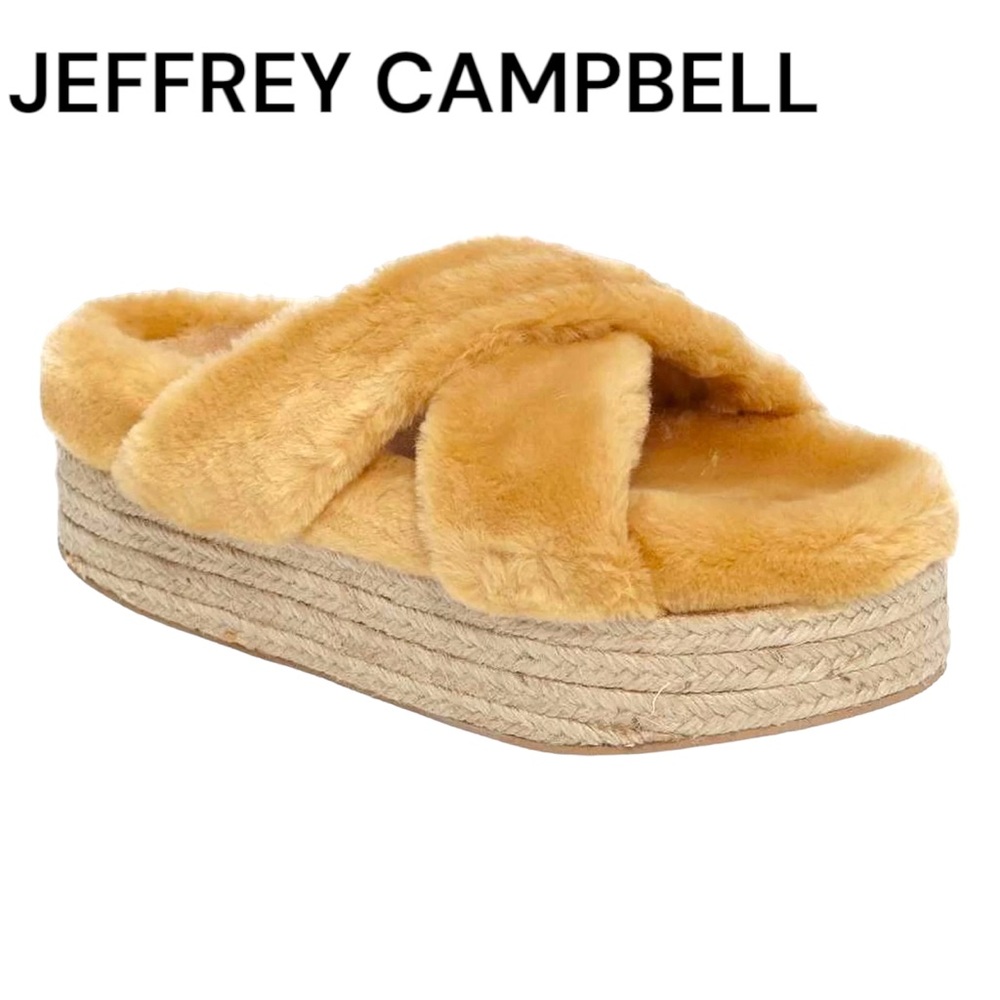 JEFFREY CAMPBELL TAN FAUX FUR PLATFORM ESPADRILLE SLIDES WOMEN’S SIZE 11